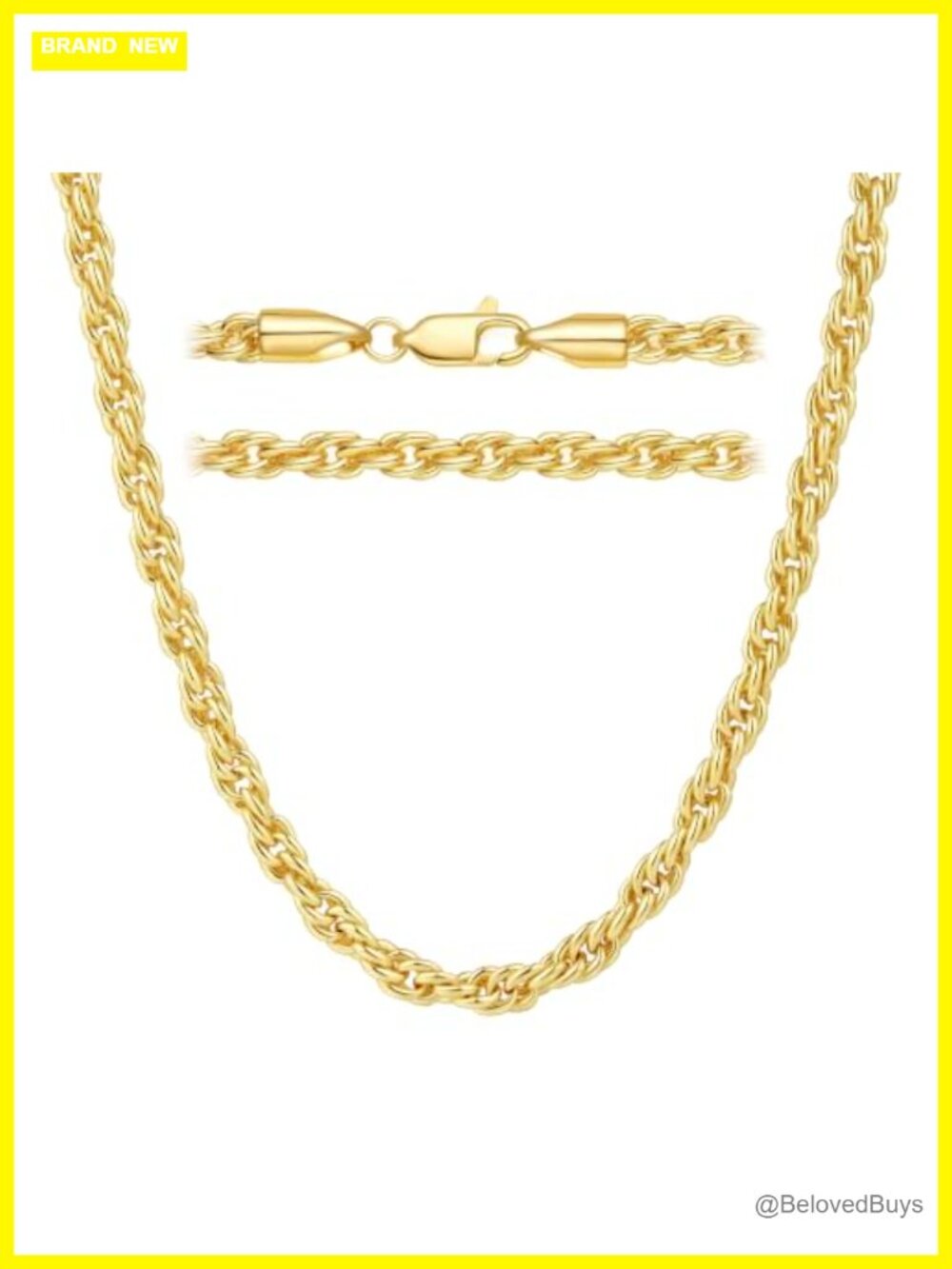 14K Gold Plated Twisted Rope Chain Necklace Lobster Clasp 4mm